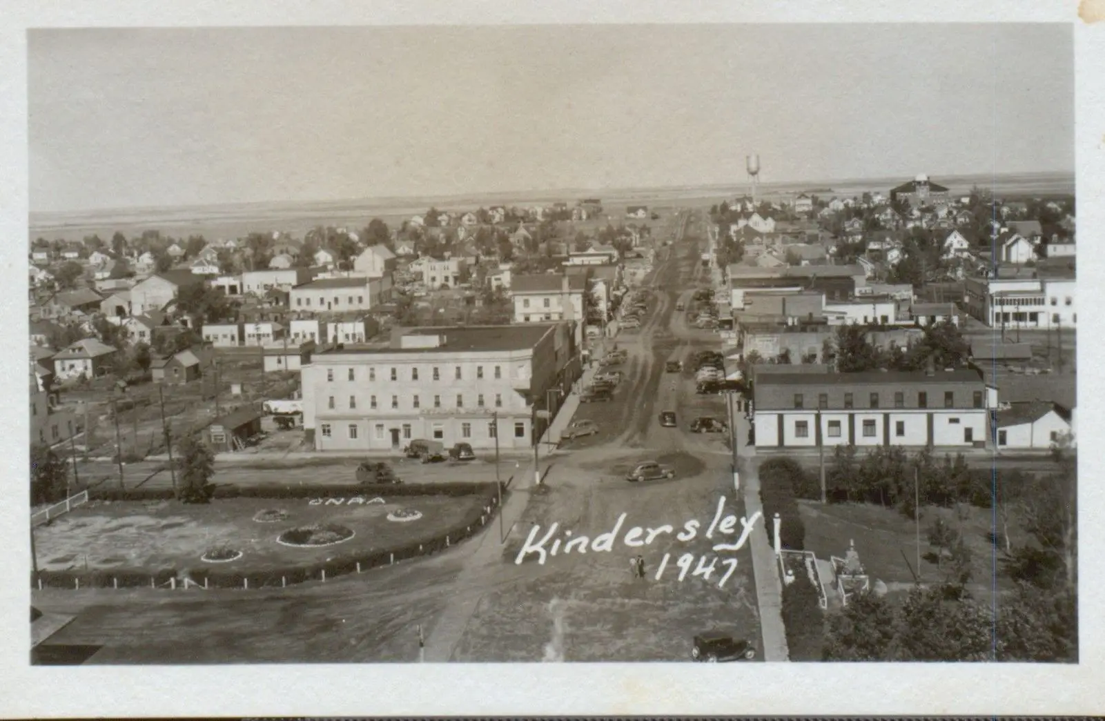 Aerial view looking down the main street of Kindersley